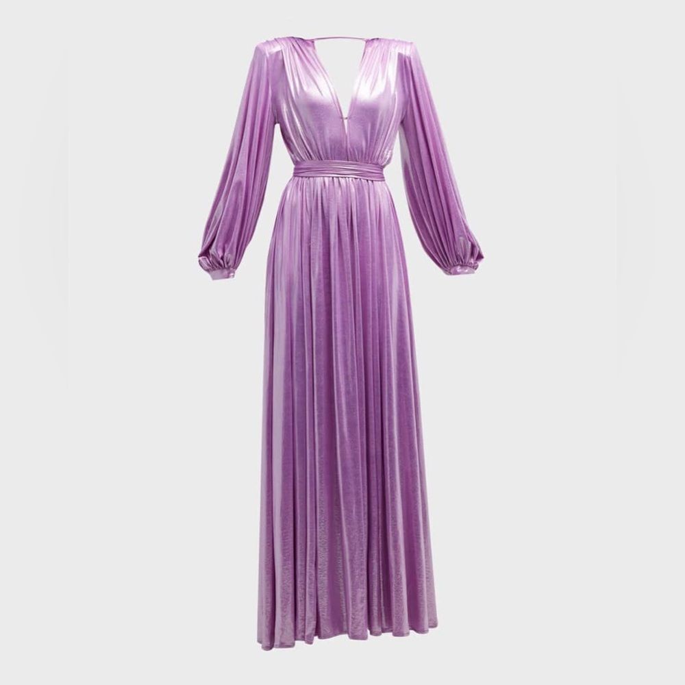 NWOT BRONX AND BANCO Zoe Metallic Blouson-Sleeve Elegant Purple Evening Gown - Picture 4 of 13